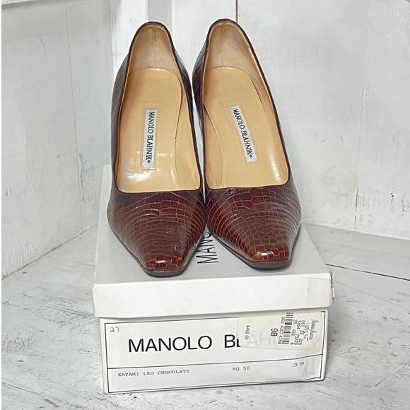 Manolo Blahnik Kayami Alligator Leather Heeled Pumps Chocolate Women's 39 / 8 - Picture 2 of 6